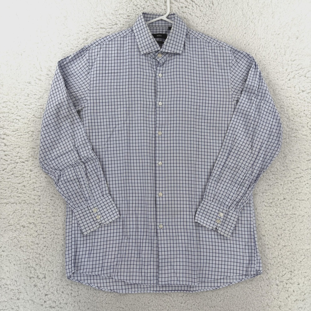 BOSS Hugo Boss Mens 16 32/33 Blue Check Regular Fit Cotton Dress Shirt